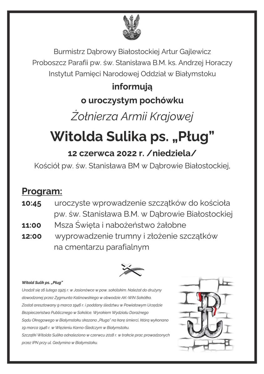 plakat informacyjny dot Uroczysty Pochówek Żołnierza Armii Krajowej Witolda Sulika ps. Pług